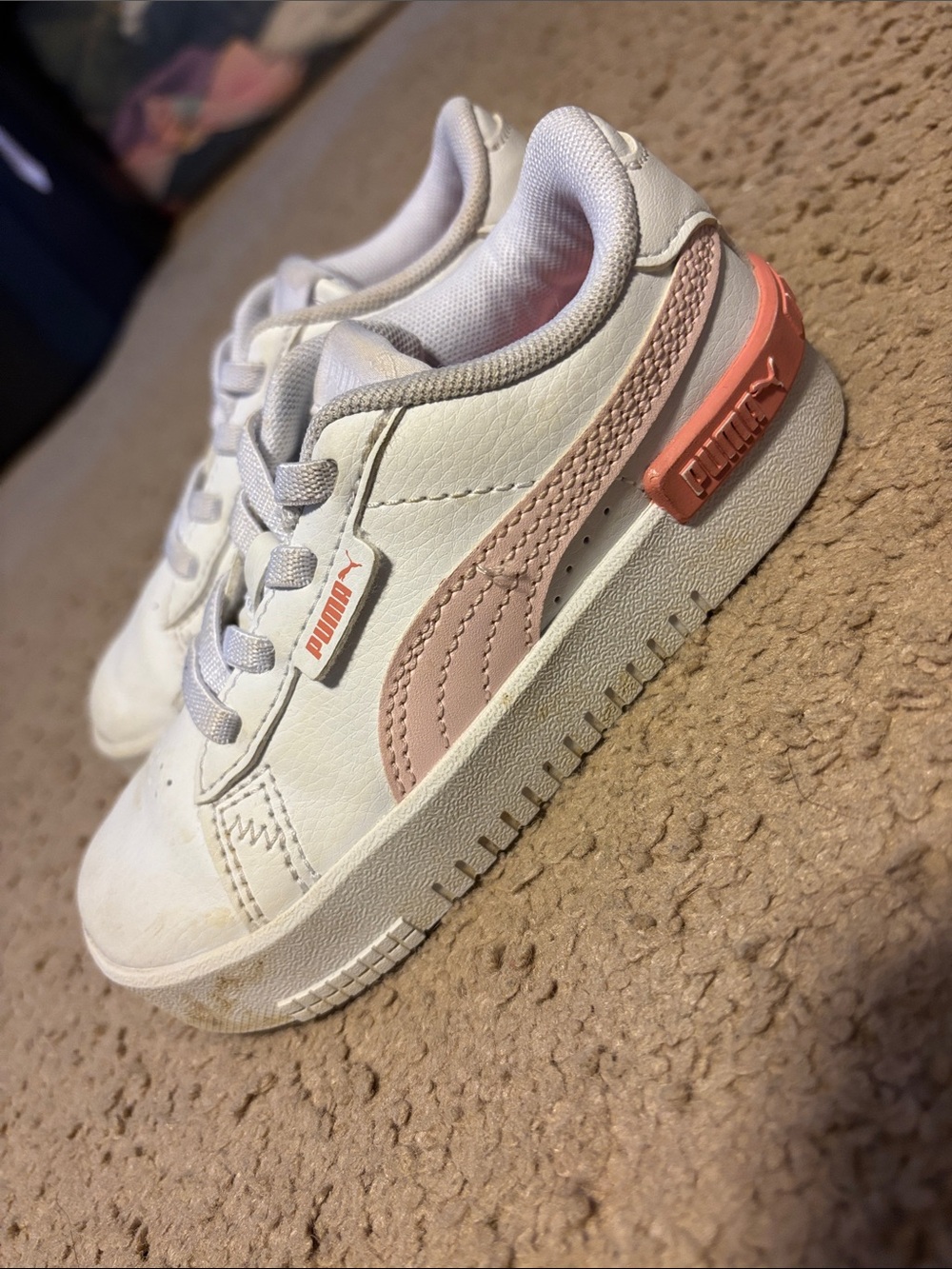 Puma Kids White Sneakers with Blush Pink Accents